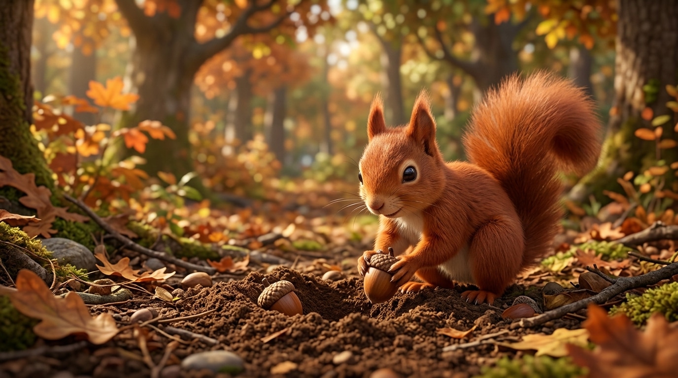 Close-up of squirrel burying acorns and nuts in soil under grass, digging with front paws, focused expression.