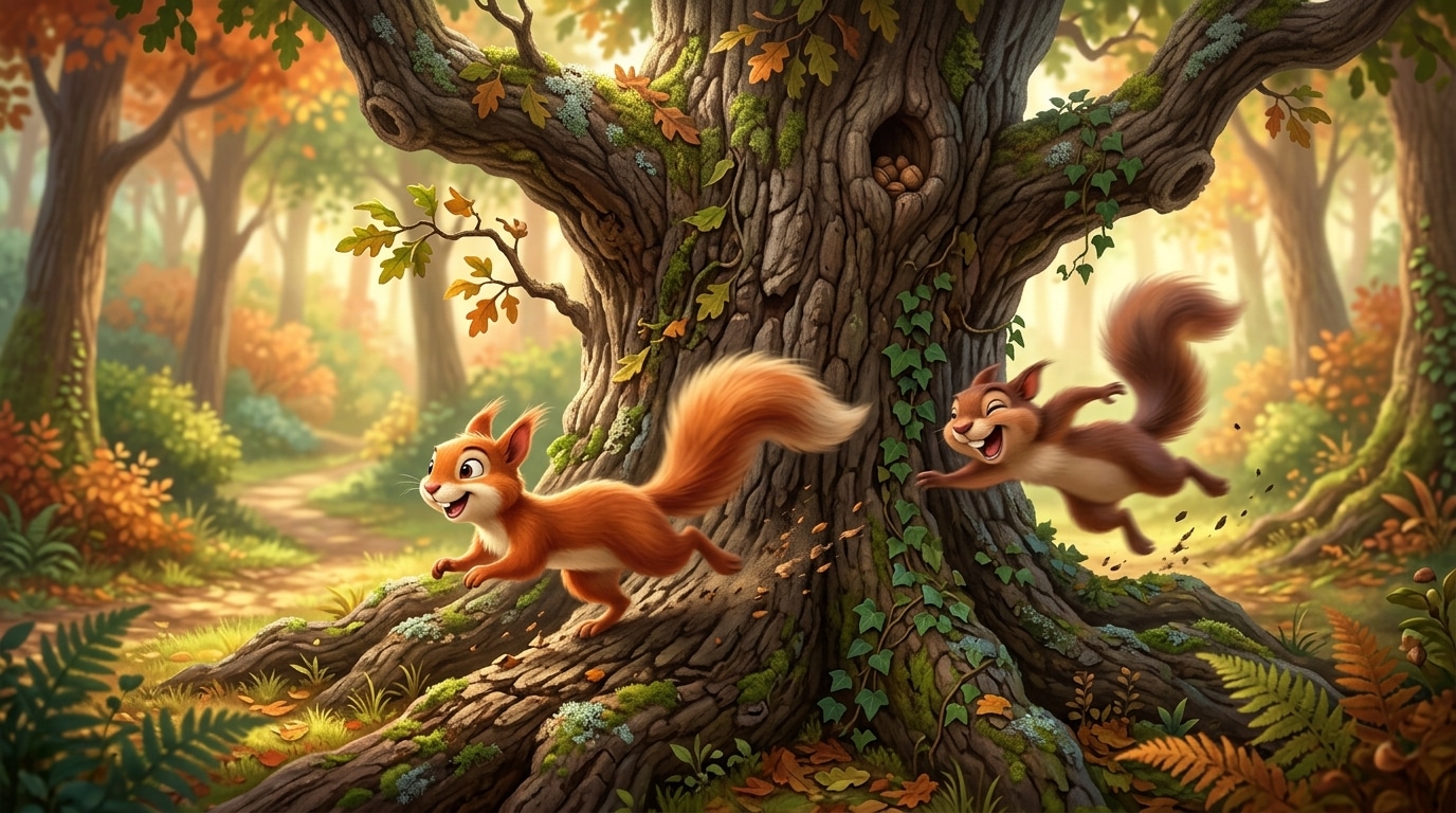 Two squirrels chasing each other rapidly around an old oak tree trunk, acrobatic movements, fast-paced action.