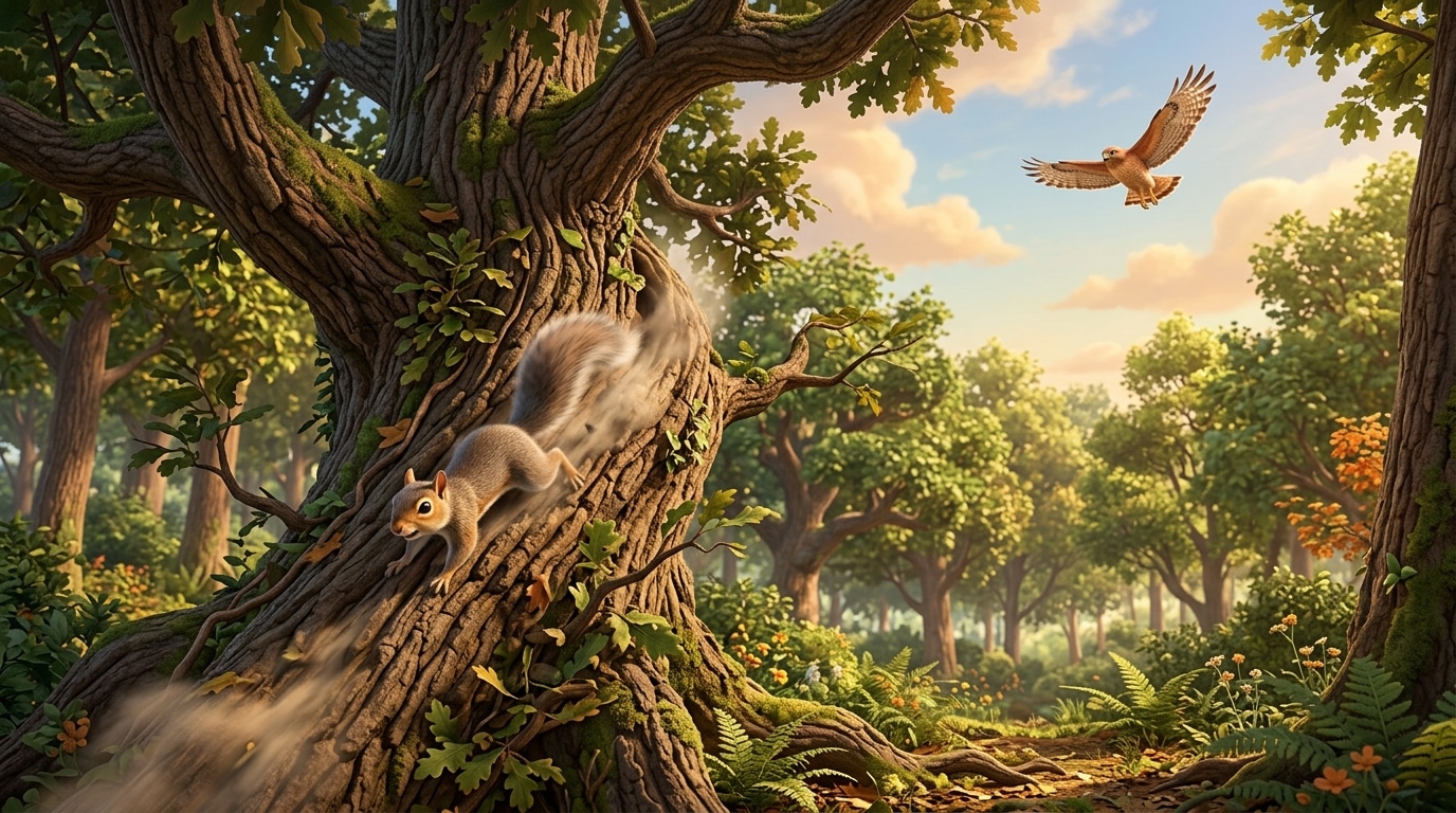 Squirrel running in zigzag pattern up tree trunk, rapid movement, showing evasion technique, hawk circling above.