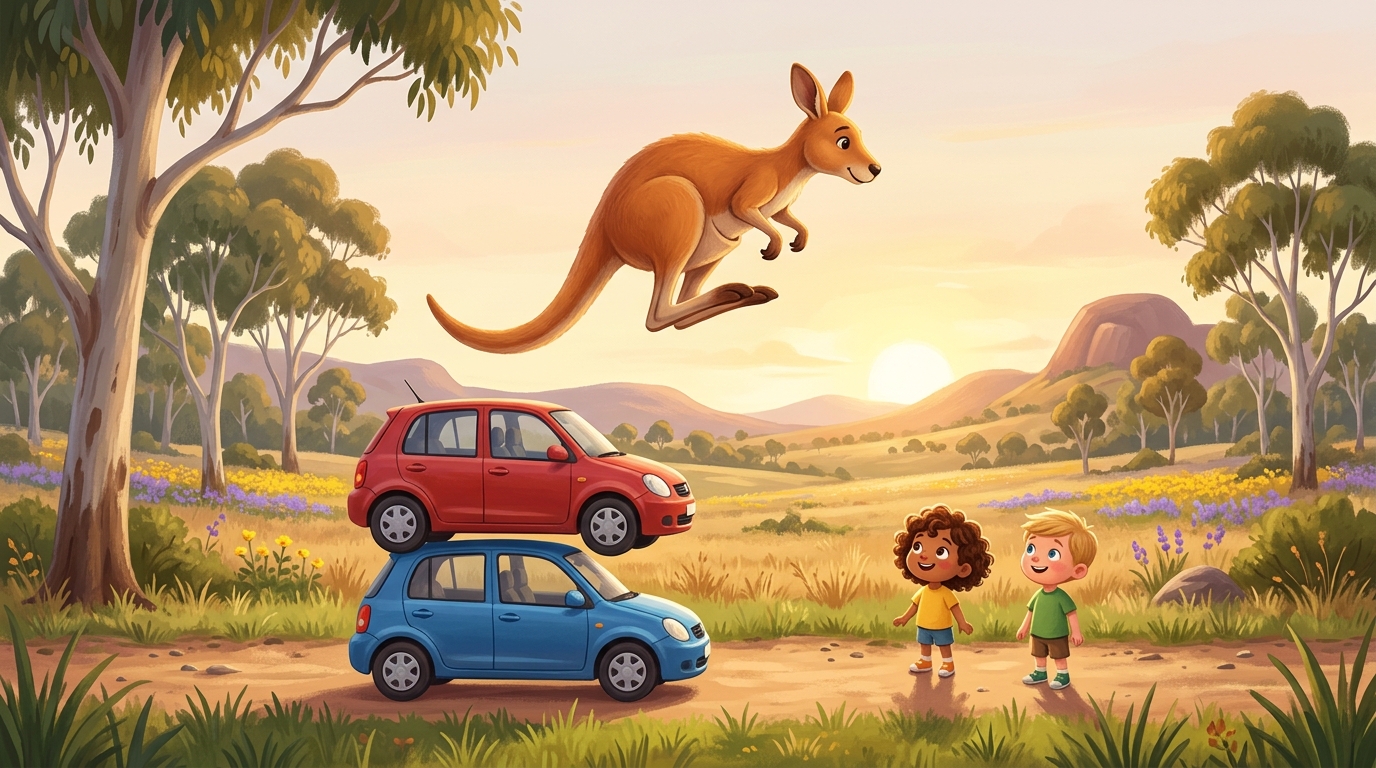 Comparison visualization: kangaroo next to a two-story house, showing relative height
