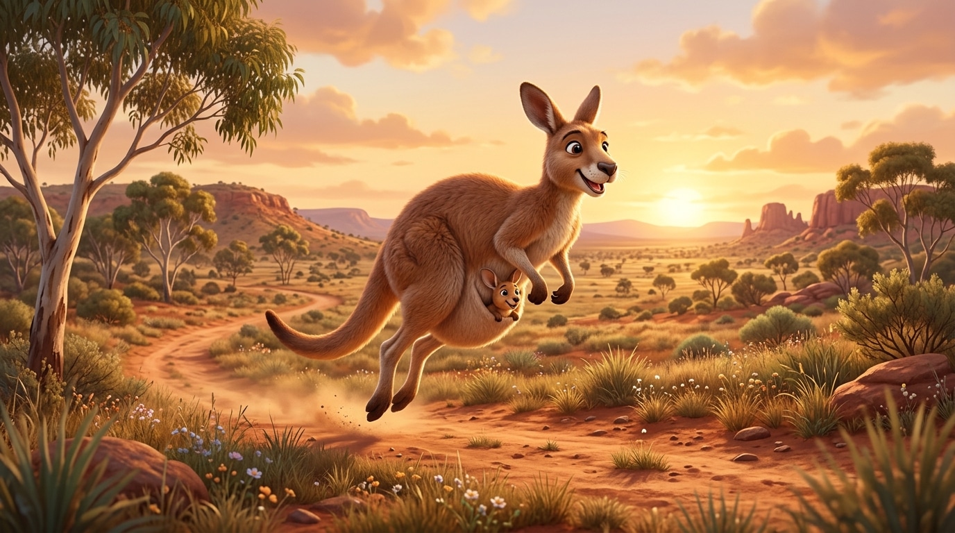 Multiple sequential shots of kangaroo hopping through australian landscape with bushes and vegetation