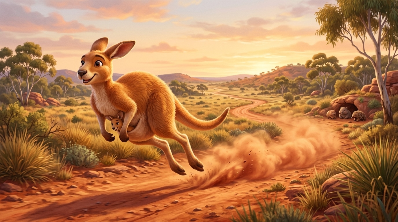 Action shot of kangaroo hopping at high speed across open terrain
