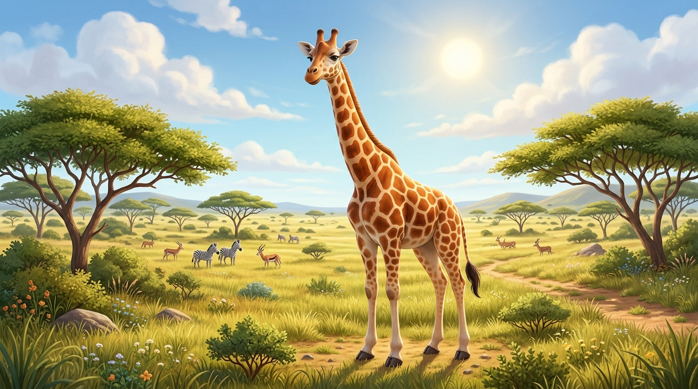 A full-body shot of an adult giraffe standing in the savanna, showcasing its incredible height against trees and landscape.