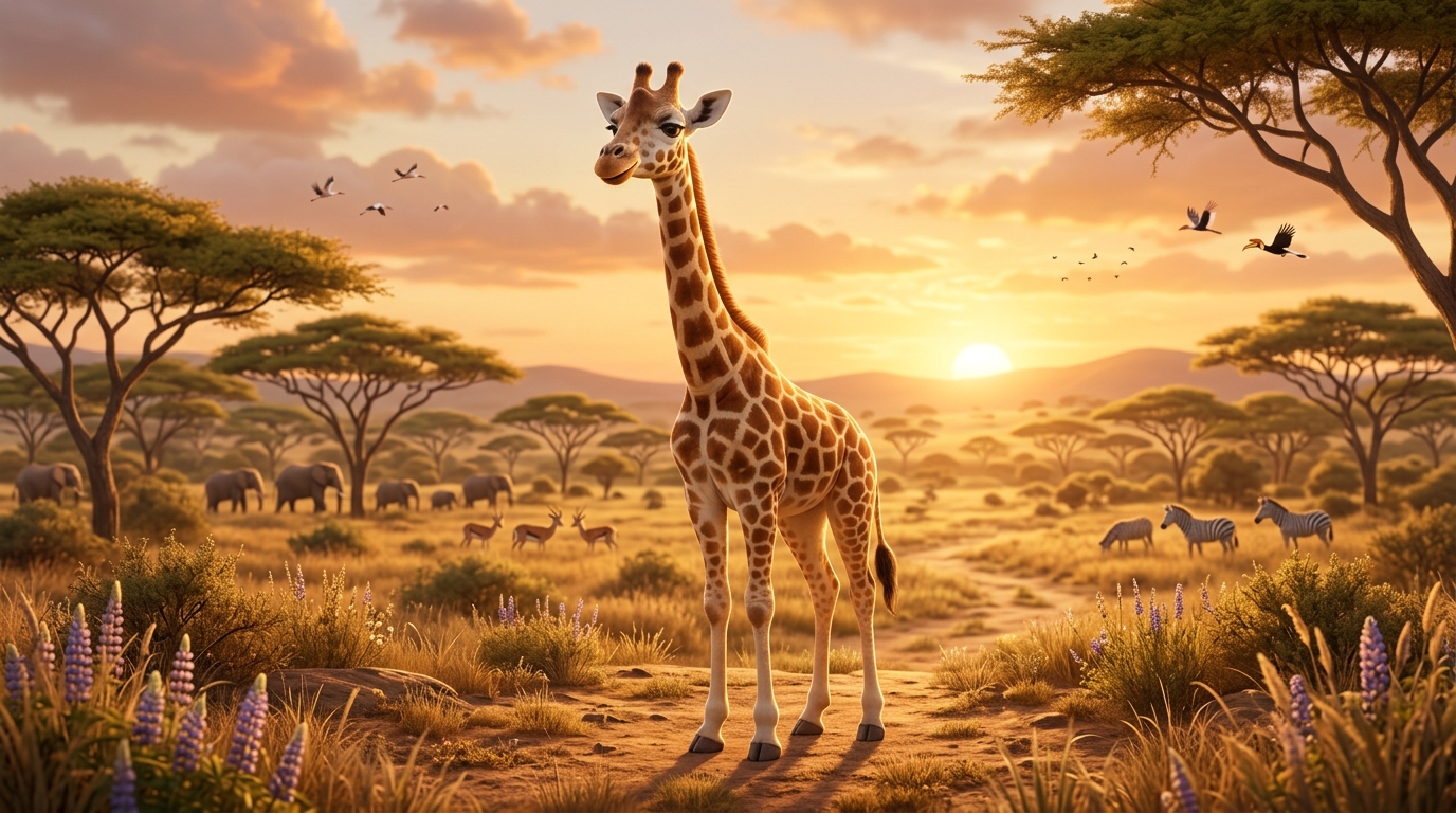 A stunning full-body shot of a giraffe in golden sunset light, showcasing its complete anatomy and natural beauty in the savanna.