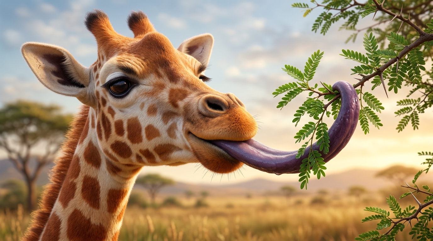 Close-up detail shot of a giraffe's head and neck, showing its long purple-blue tongue extended toward tree leaves.