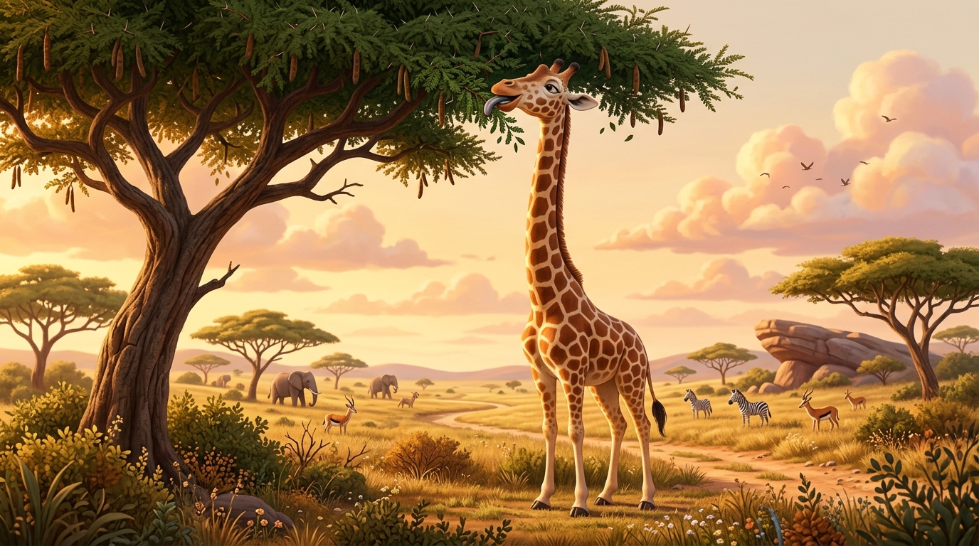 A giraffe stretching its long neck upward to feed on tall acacia tree leaves, demonstrating unique feeding behavior.