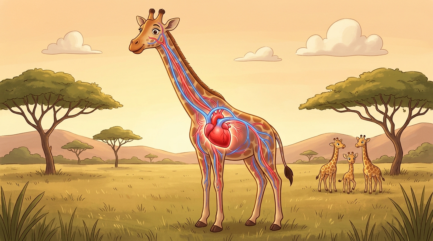 Anatomical illustration or abstract visualization showing a giraffe's powerful heart pumping blood through its body.