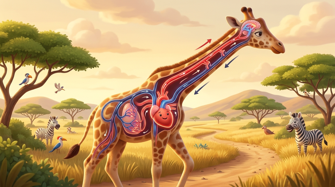 A giraffe's silhouette or side profile showing the journey of blood traveling through the long neck and body, perhaps with animated blood flow visualization.