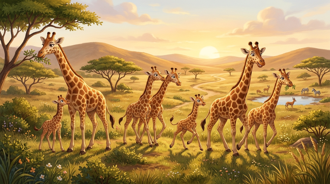 A small herd of giraffes grazing and walking together in the savanna landscape, showing social cohesion and group behavior.