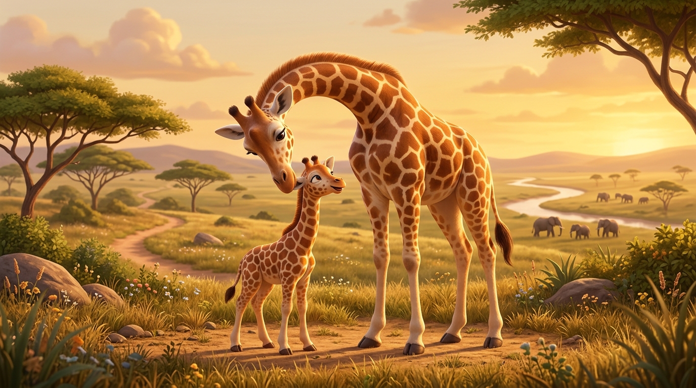 A mother giraffe with a young calf standing close together, showing protective and nurturing behavior in a natural savanna setting.